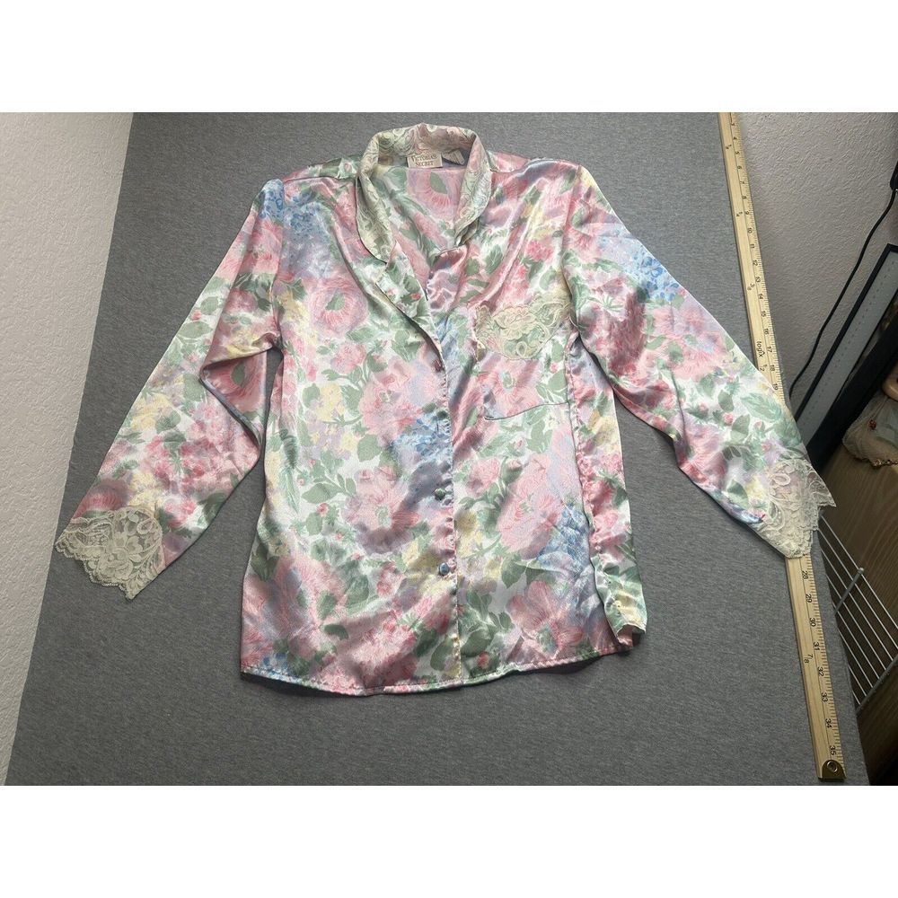 Victoria's Secret Gold Label Pajama Top Pink Floral Satin Lace Neck Sz P Vtg 90s